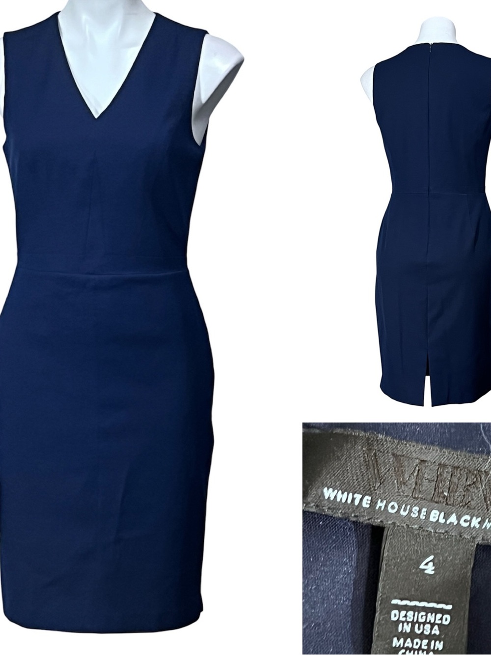 White House Black Market dress sz 4 Navy blue V-Neck Sheath sleeveless office